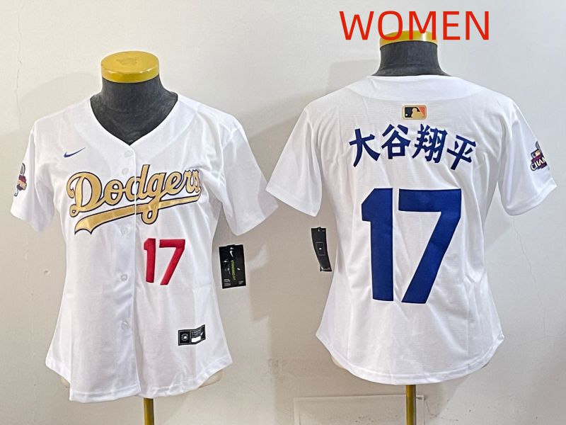Women Los Angeles Dodgers #17 Ohtani White Champion edition Nike MLB Jersey style 002->women mlb jersey->Women Jersey